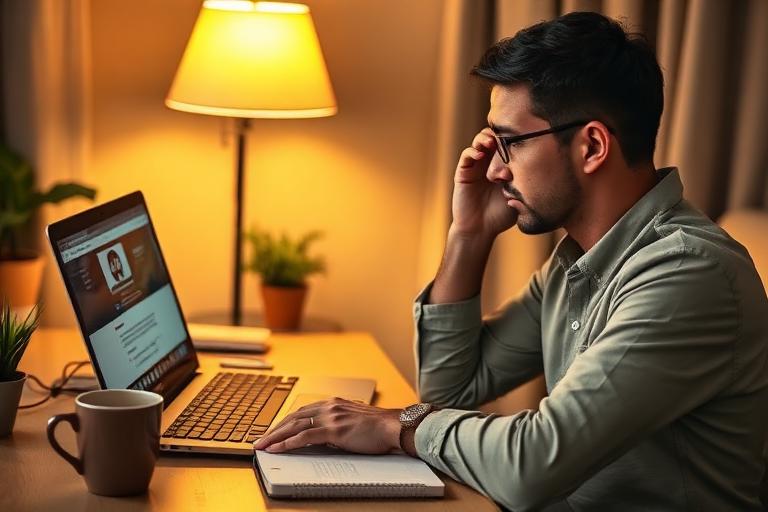 Caderno em branco e laptop com YouTube em uma mesa de madeira à noite