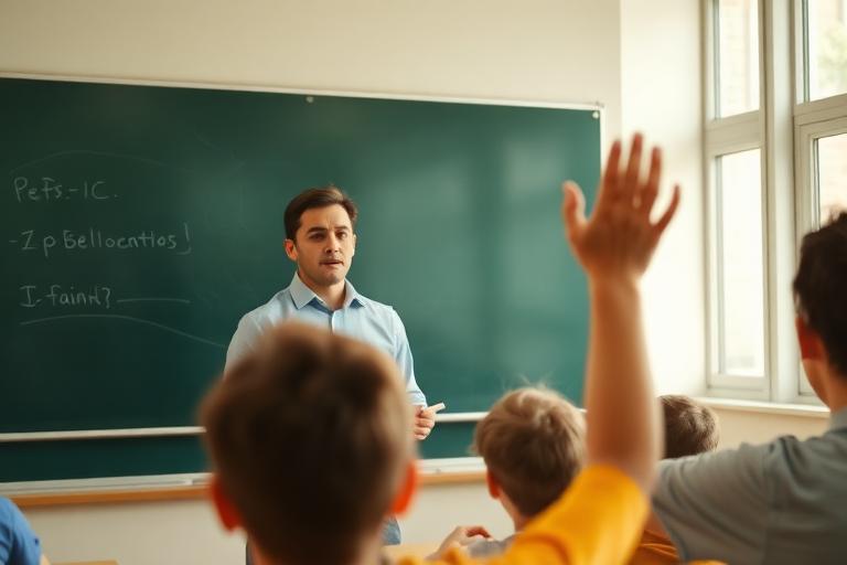 Professor à frente do quadro hesitando enquanto aluno levanta a mão
